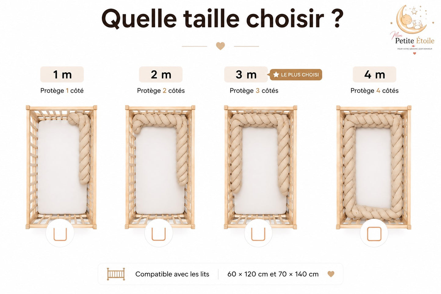 Protection de lit bébé avec tour de lit tressé beige en tissu velours