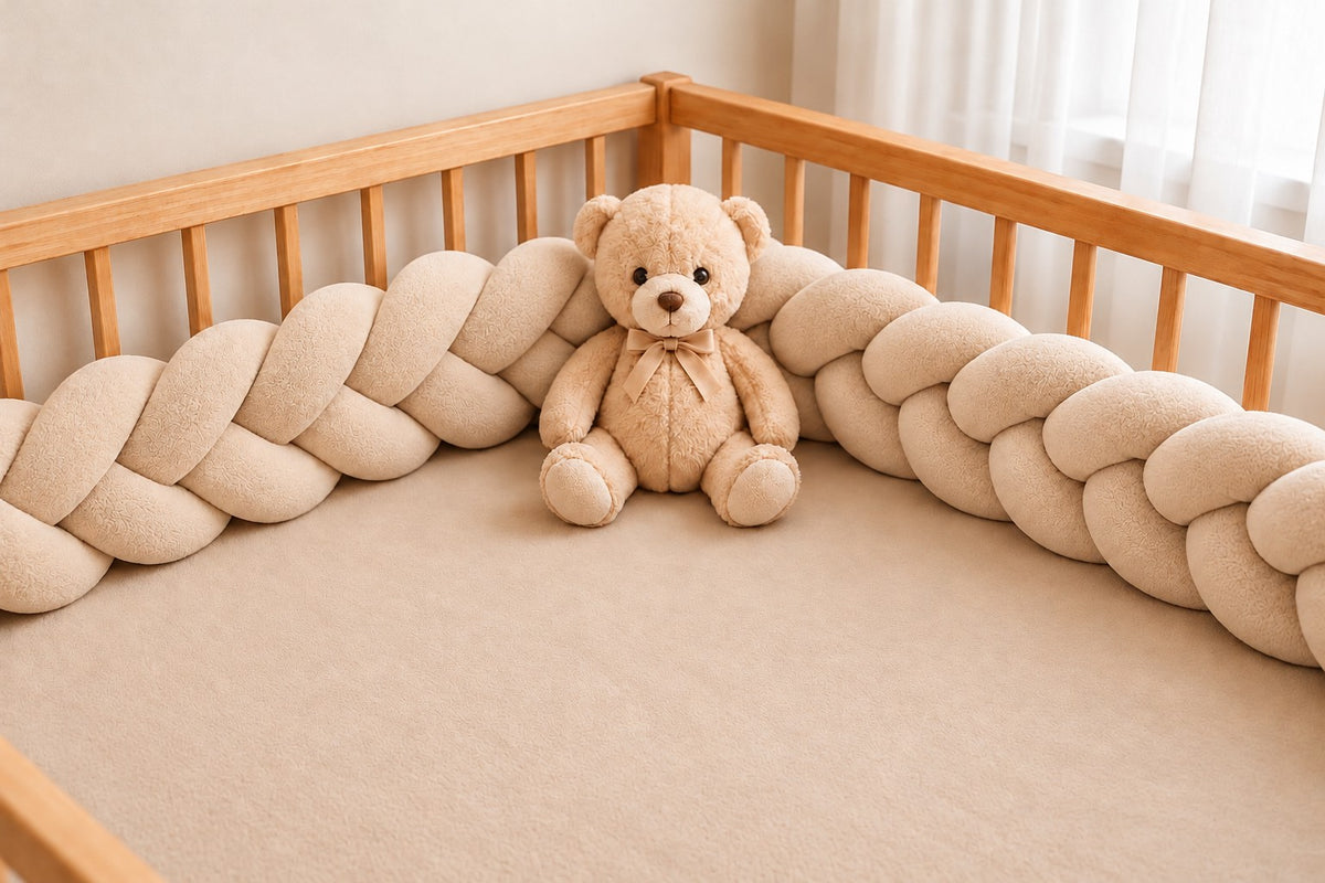 Tour de lit tressé beige installé dans un lit en bois, avec un ours en peluche placé au centre.