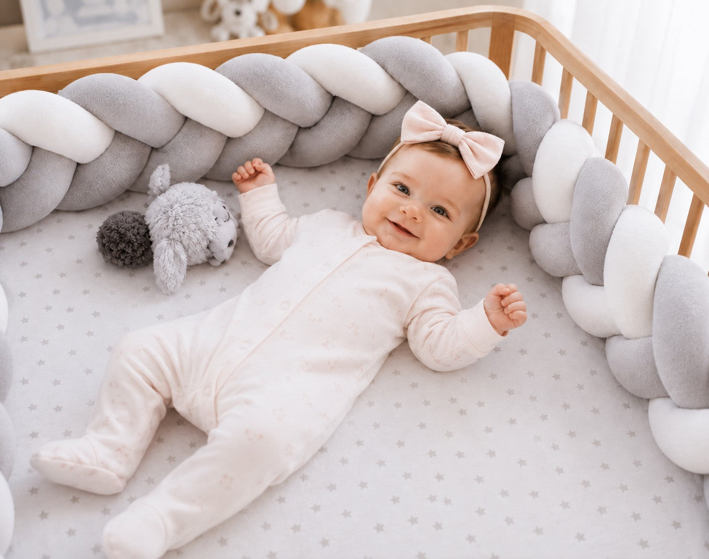 Tresses de lit bébé vert d’eau, rose et beige présentées sur fond blanc