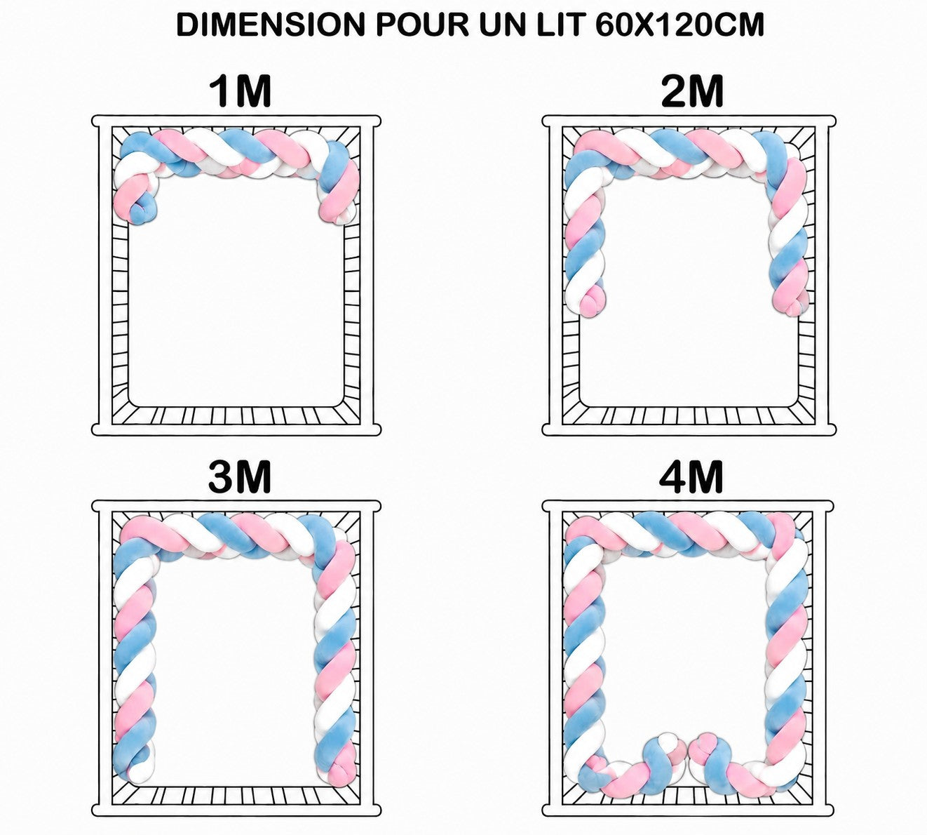 Tresse de lit bébé bleu blanc rose en tissu au toucher velours.