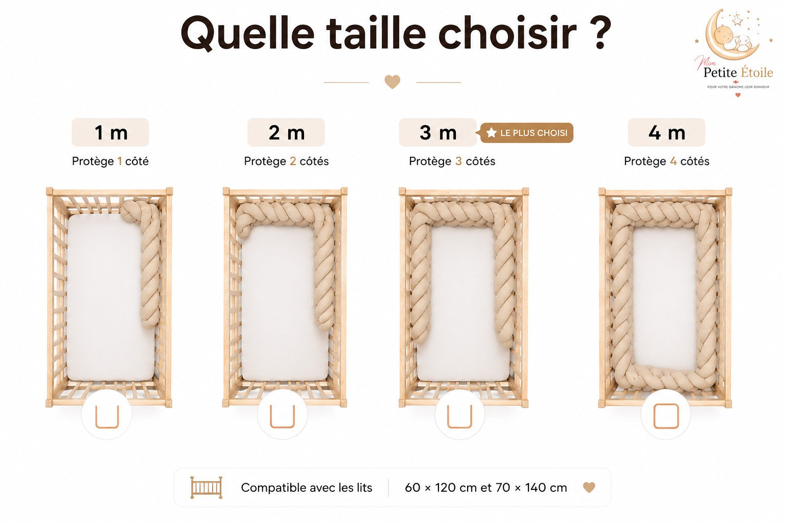 Protection de lit bébé avec tour de lit tressé beige en tissu velours