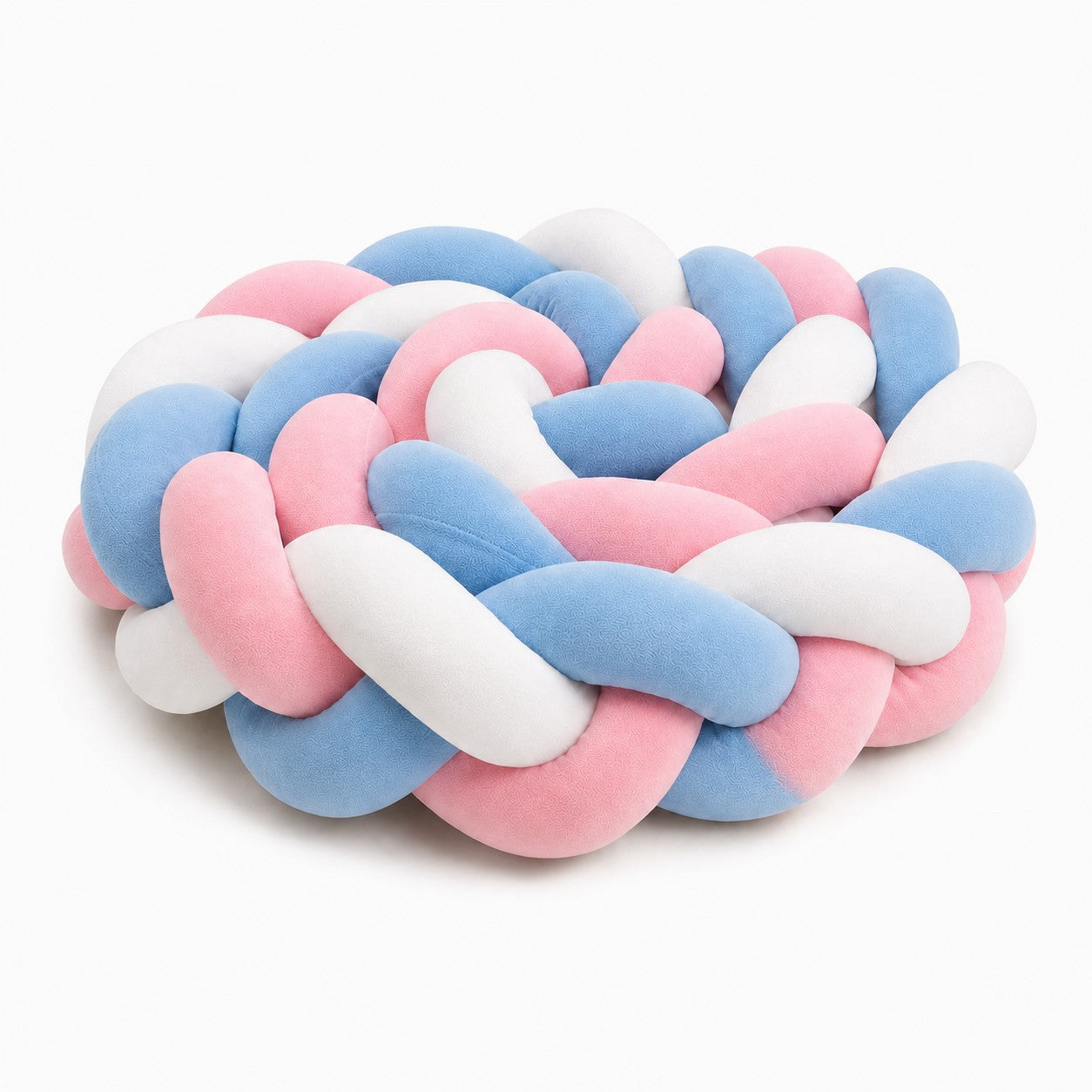 Tour de lit bébé tressé bleu blanc rose disponible en plusieurs longueurs.