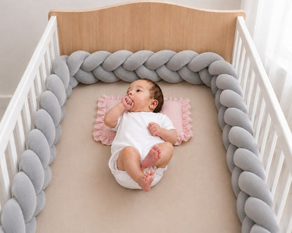 Protection de lit bébé tressée grise disponible en 1m, 2m, 3m et 4m.
