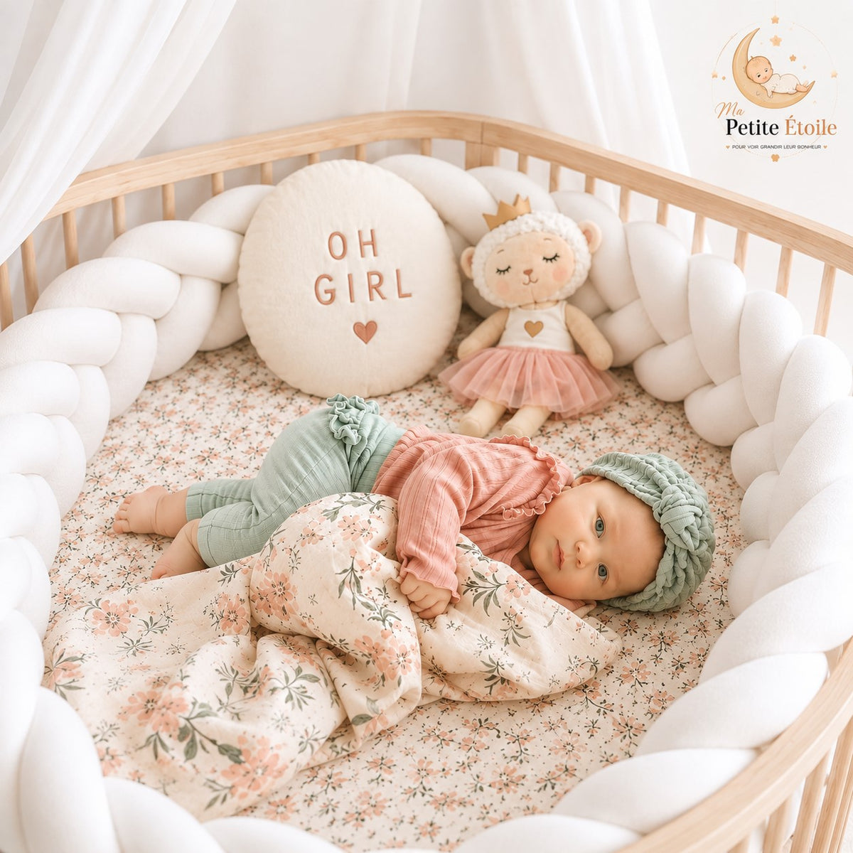 Tour de lit bébé 3 brins blanc épais pour protéger les barreaux du lit.