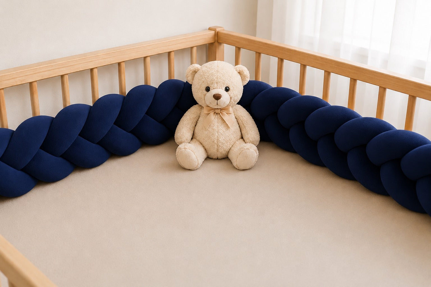 Tour de lit bébé tressé bleu marine pour protéger des barreaux du lit.