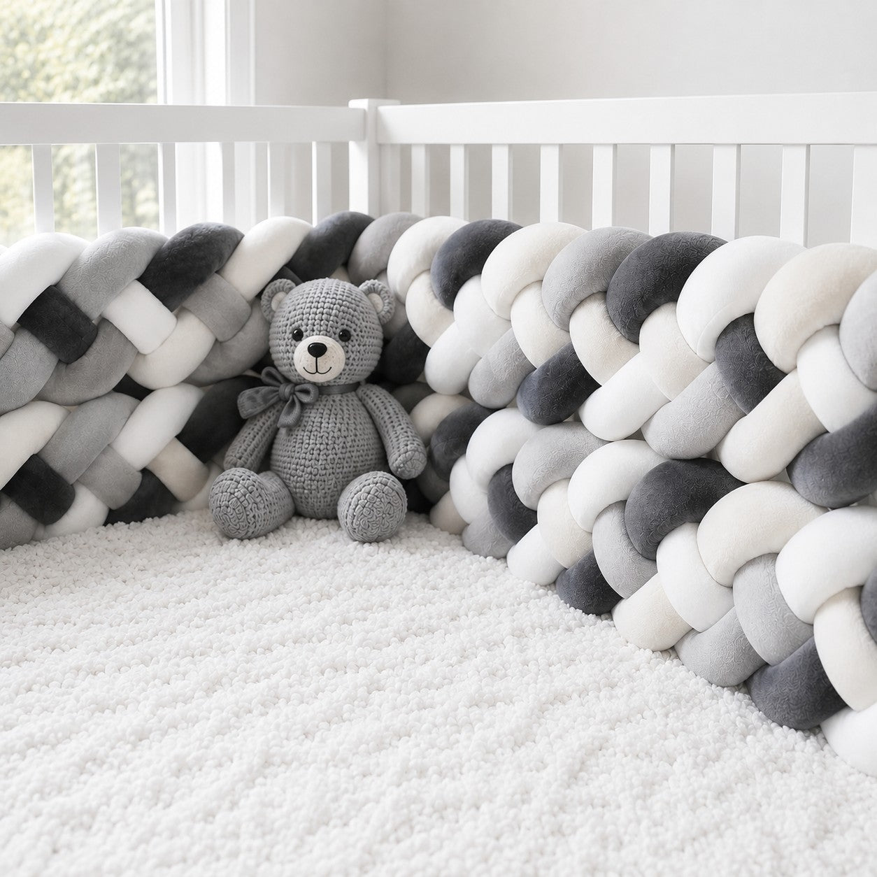 Tour de lit bébé tressé gris au toucher velours