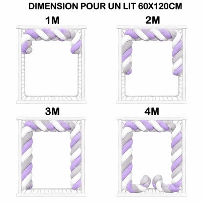 Tour de lit bébé tressé menthe et gris pour lit à barreaux