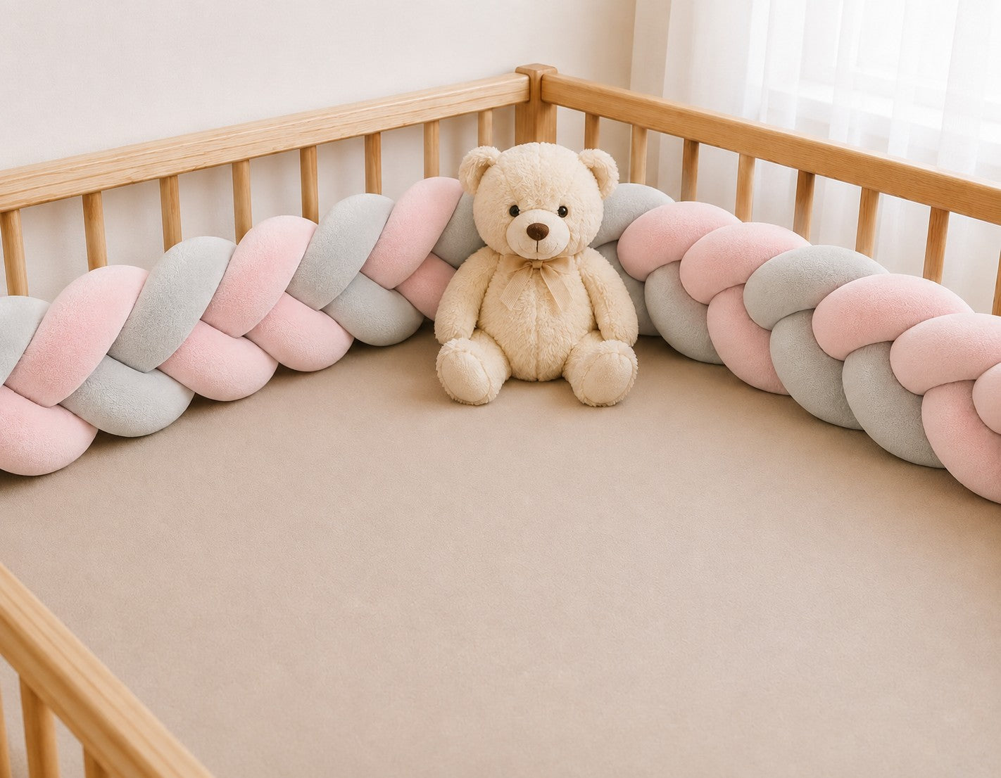 Tour de lit bébé tressé rose et gris à trois brins