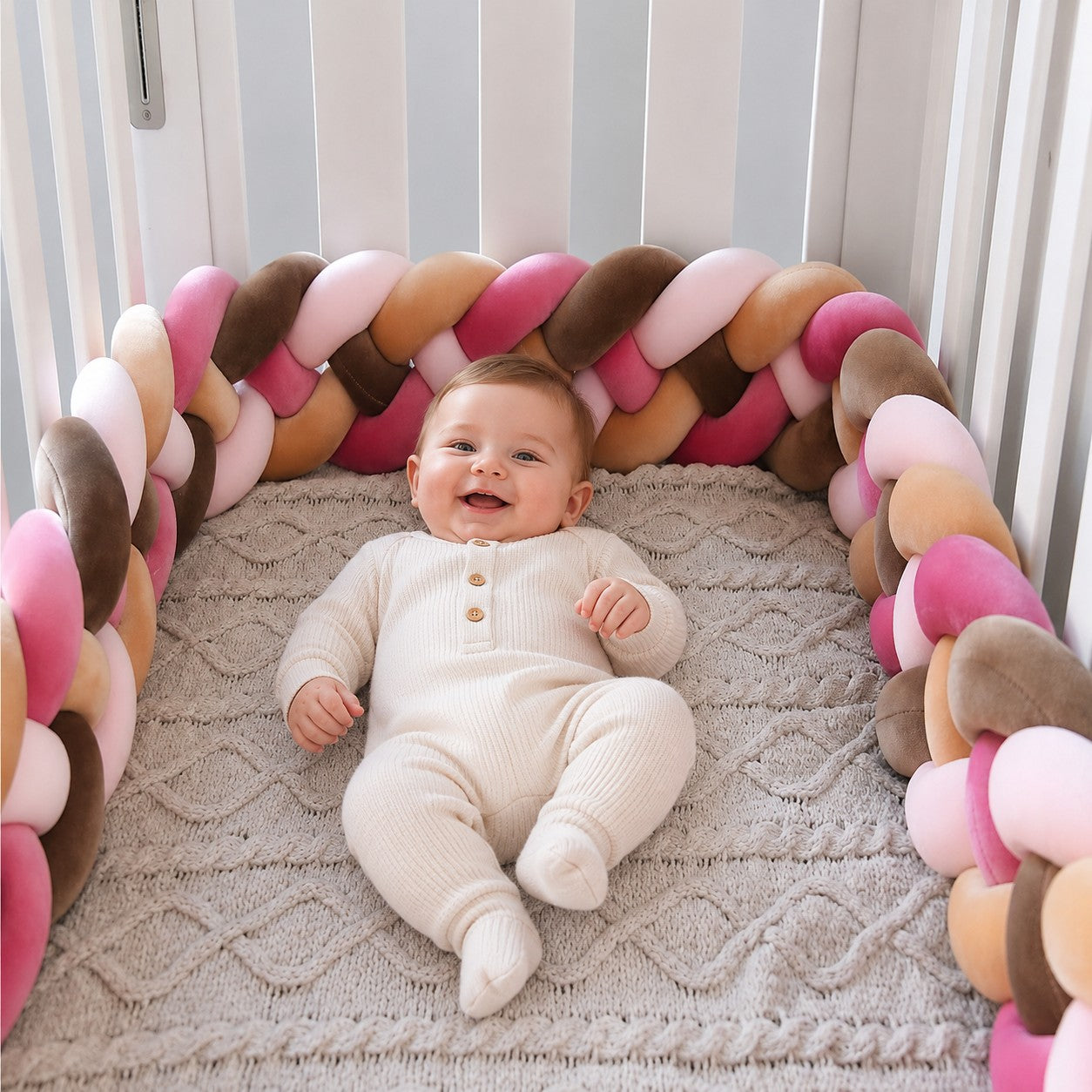 Tour de lit bébé tressé rose sanguine au toucher velours