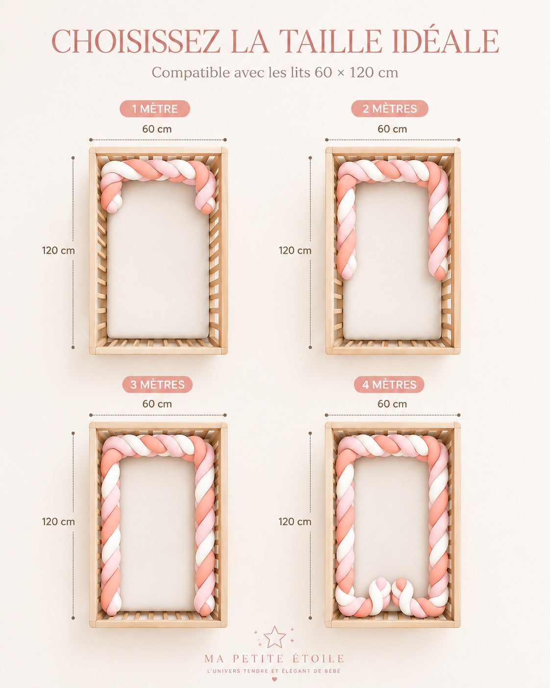 Tour de lit bébé tressé rose, blanc et vieux rose pour protéger des chocs contre les barreaux