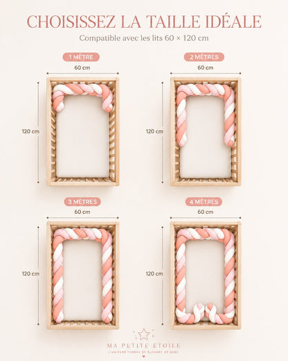 Tour de lit bébé tressé rose, blanc et vieux rose pour protéger des chocs contre les barreaux