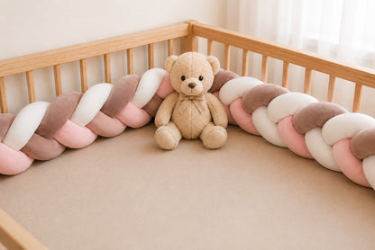 Tour de lit tressé premium rose, blanc et vieux rose pour protéger le bébé des barreaux du lit
