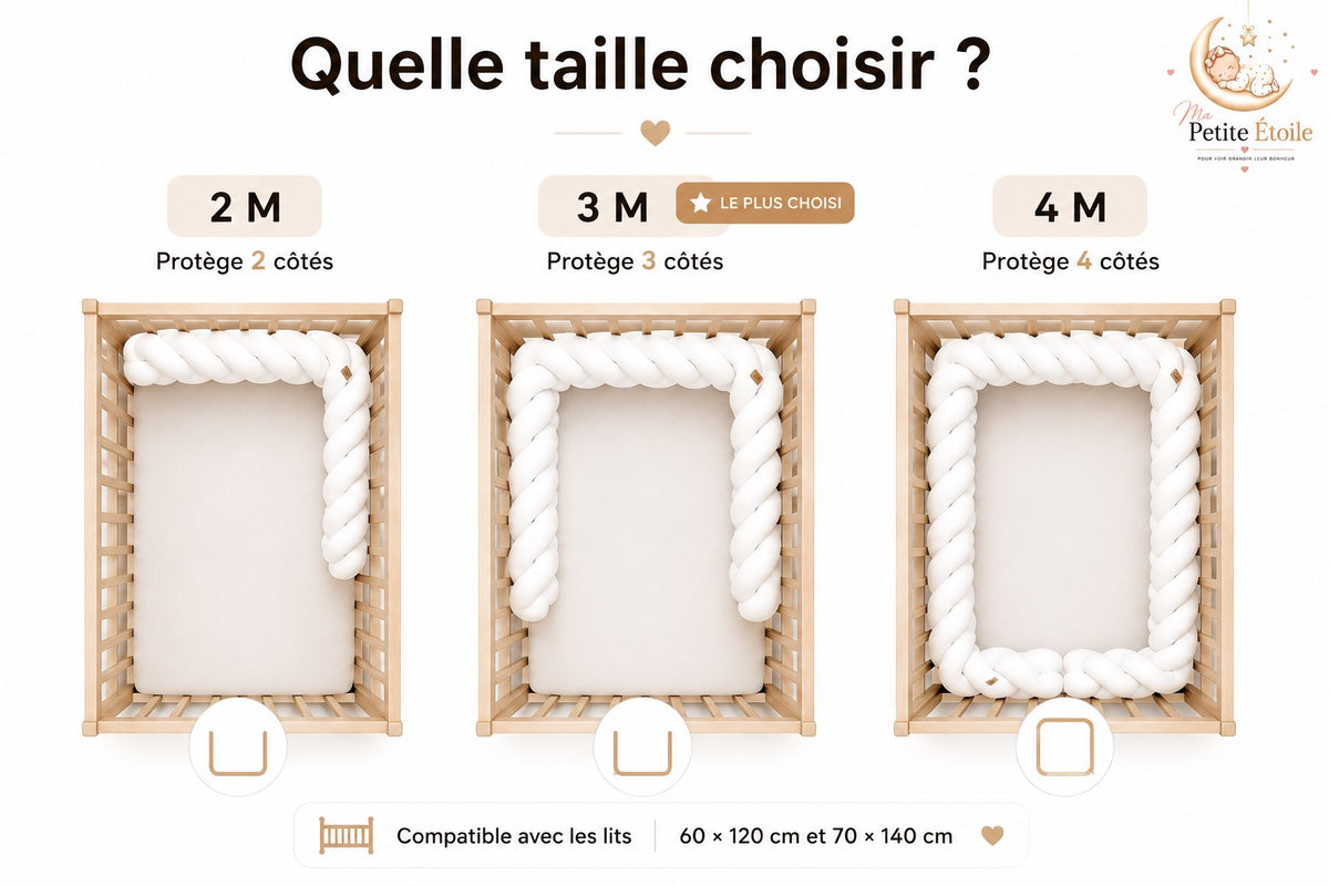 Tour de lit tressé 4 brins en velours doux pour un sommeil sécurisé.