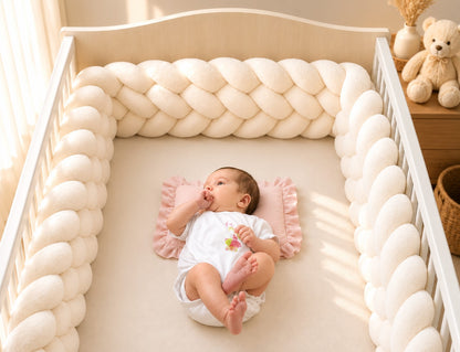 Tour de lit tressé blanc 4 brins installé dans un lit bébé en bois