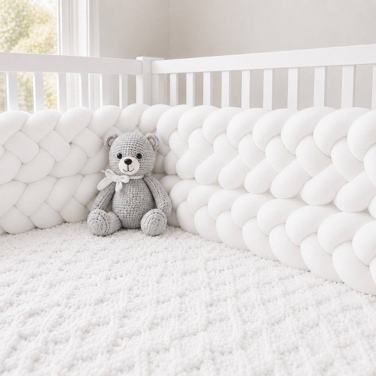 Tresse de lit bébé 4 brins installée dans un berceau