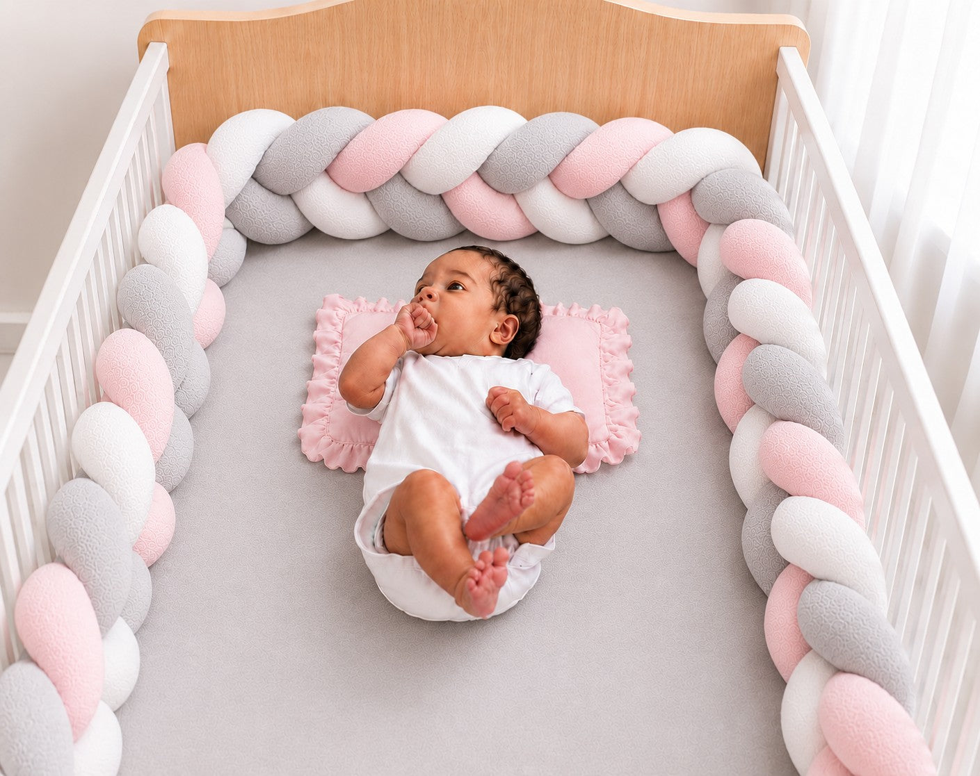 Tour de lit tressé rose blanc et gris installé dans un berceau avec un bébé