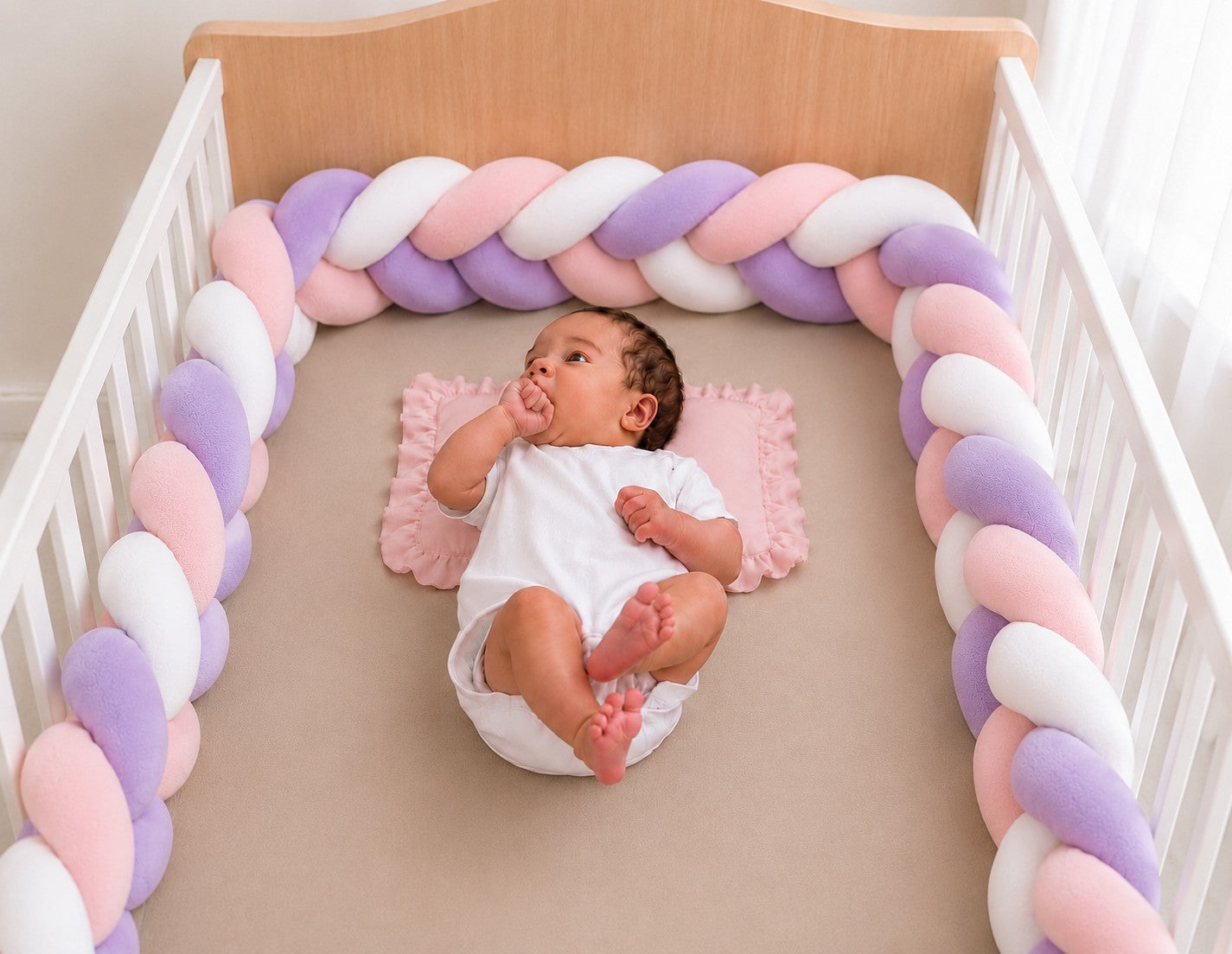 Tour de lit tressé rose blanc violet installé dans un lit bébé