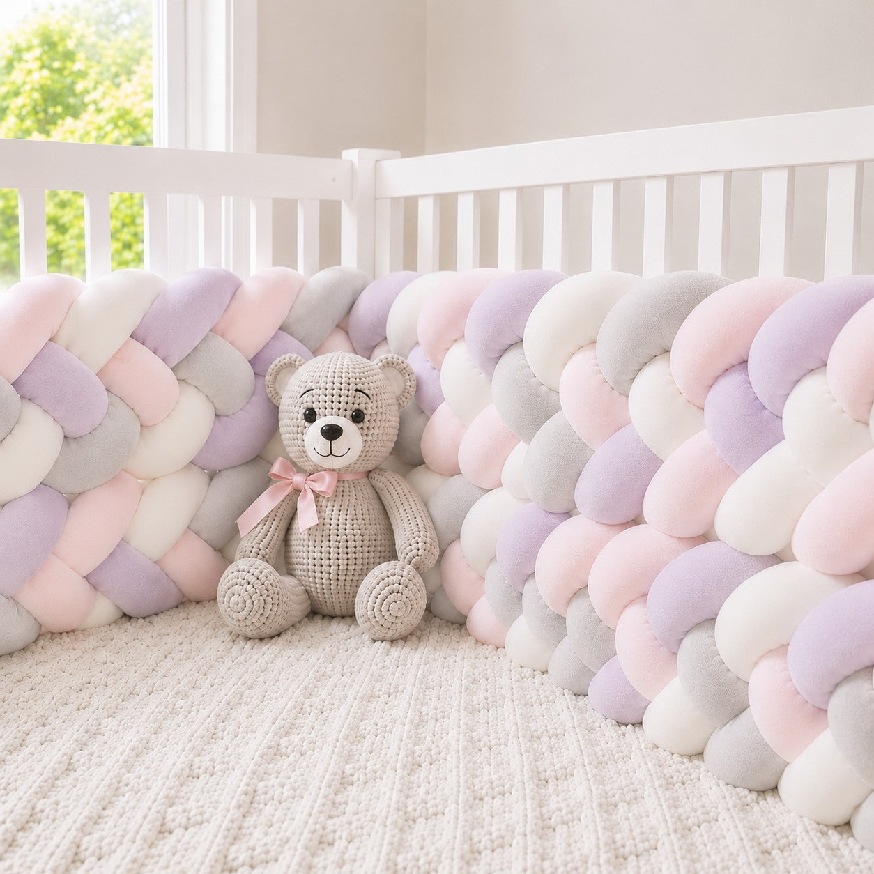 Tour de lit tressé bébé rose tagada à 4 brins
