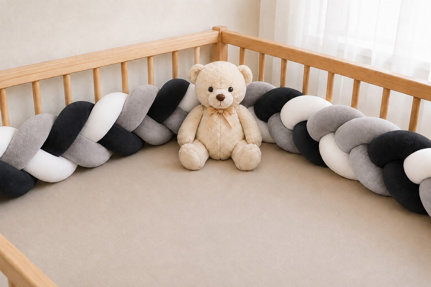 Protection de lit bébé tressée adaptée au berceau et au lit à barreaux.