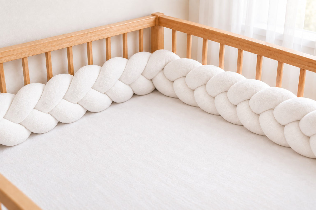 Tour de lit tressé blanc installé autour du matelas d’un lit bébé en bois, vue en angle.