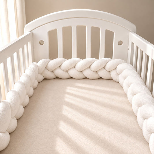 Tour de lit tressé blanc installé autour du matelas d’un lit bébé.
