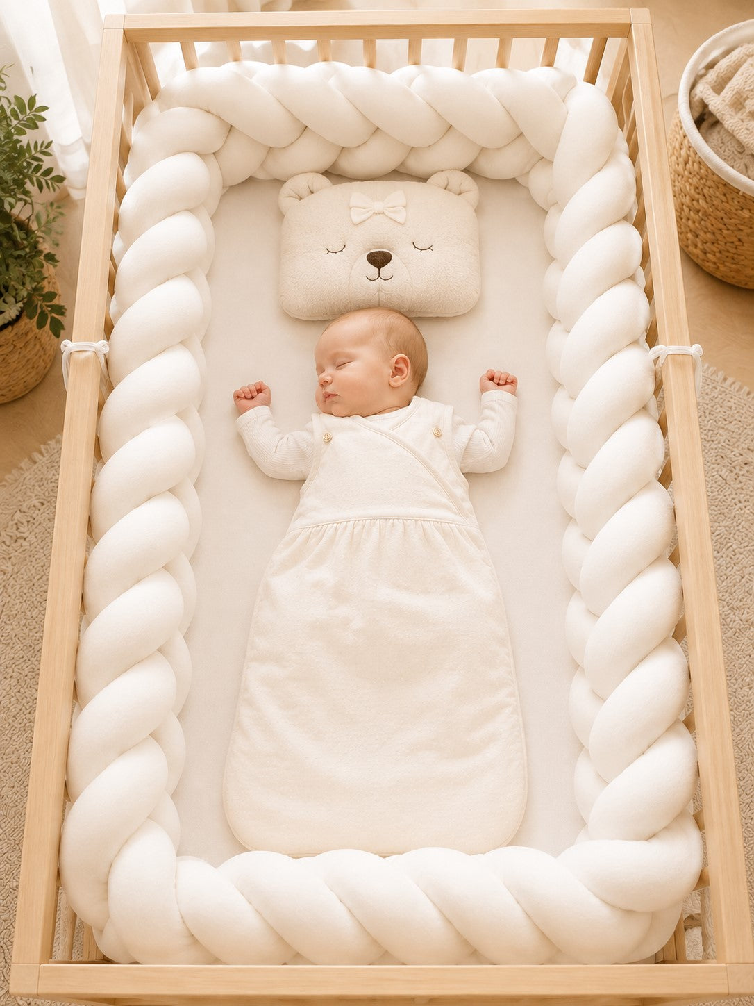 Tour de lit tressé blanc premium 4 brins pour chambre de bébé.