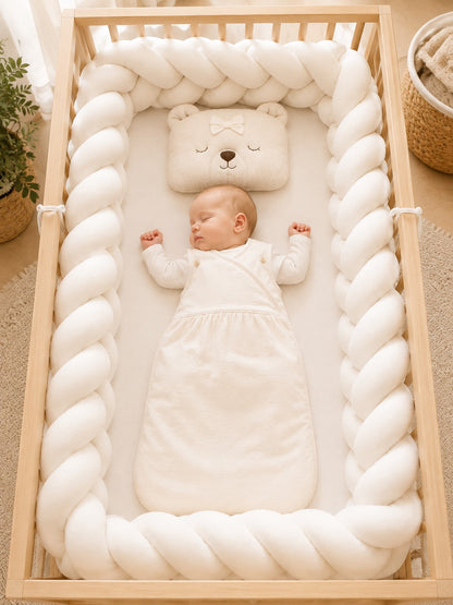 Tour de lit tressé blanc premium 4 brins pour chambre de bébé.
