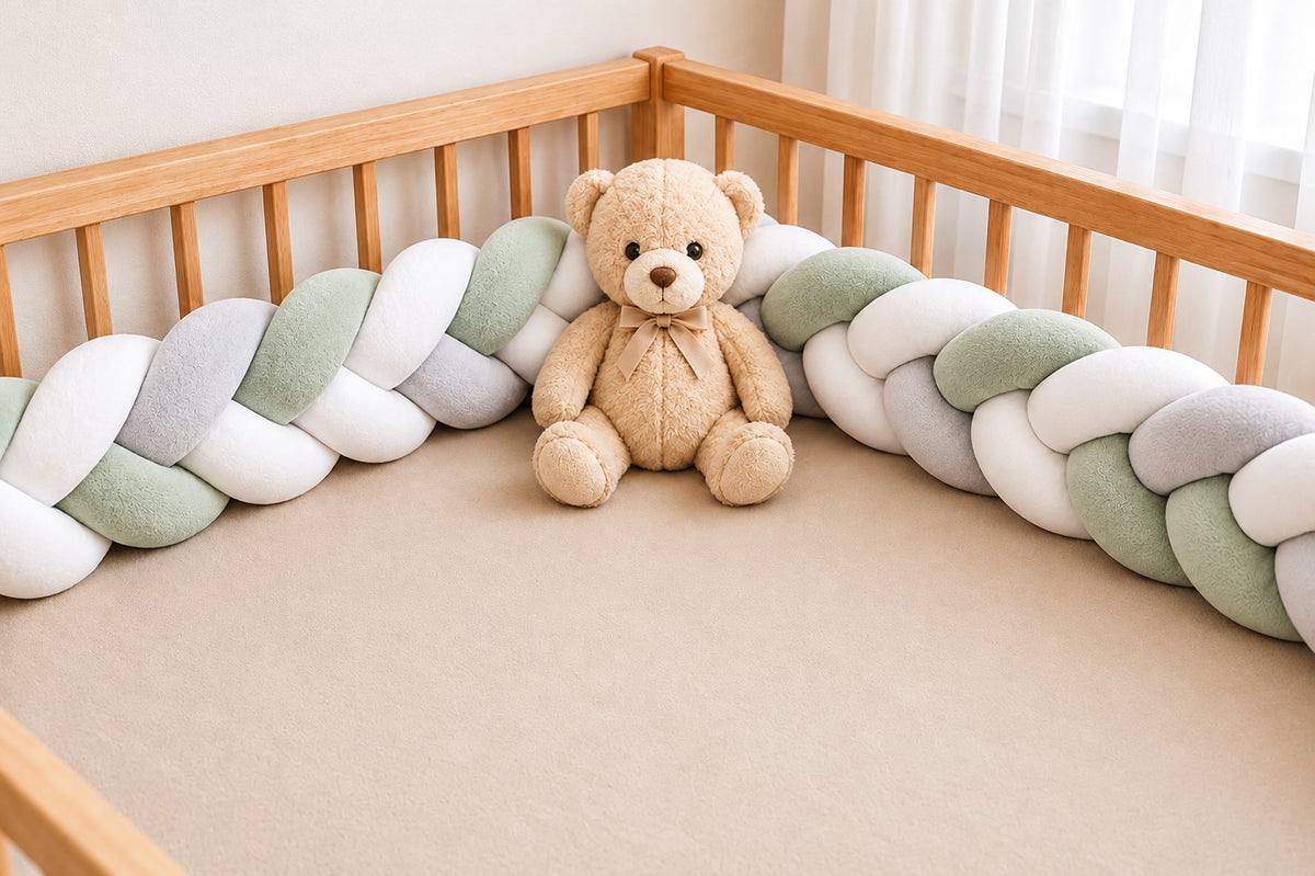 Tour de lit tressé blanc, vert sauge et gris installé dans un lit en bois, avec un ours en peluche au centre