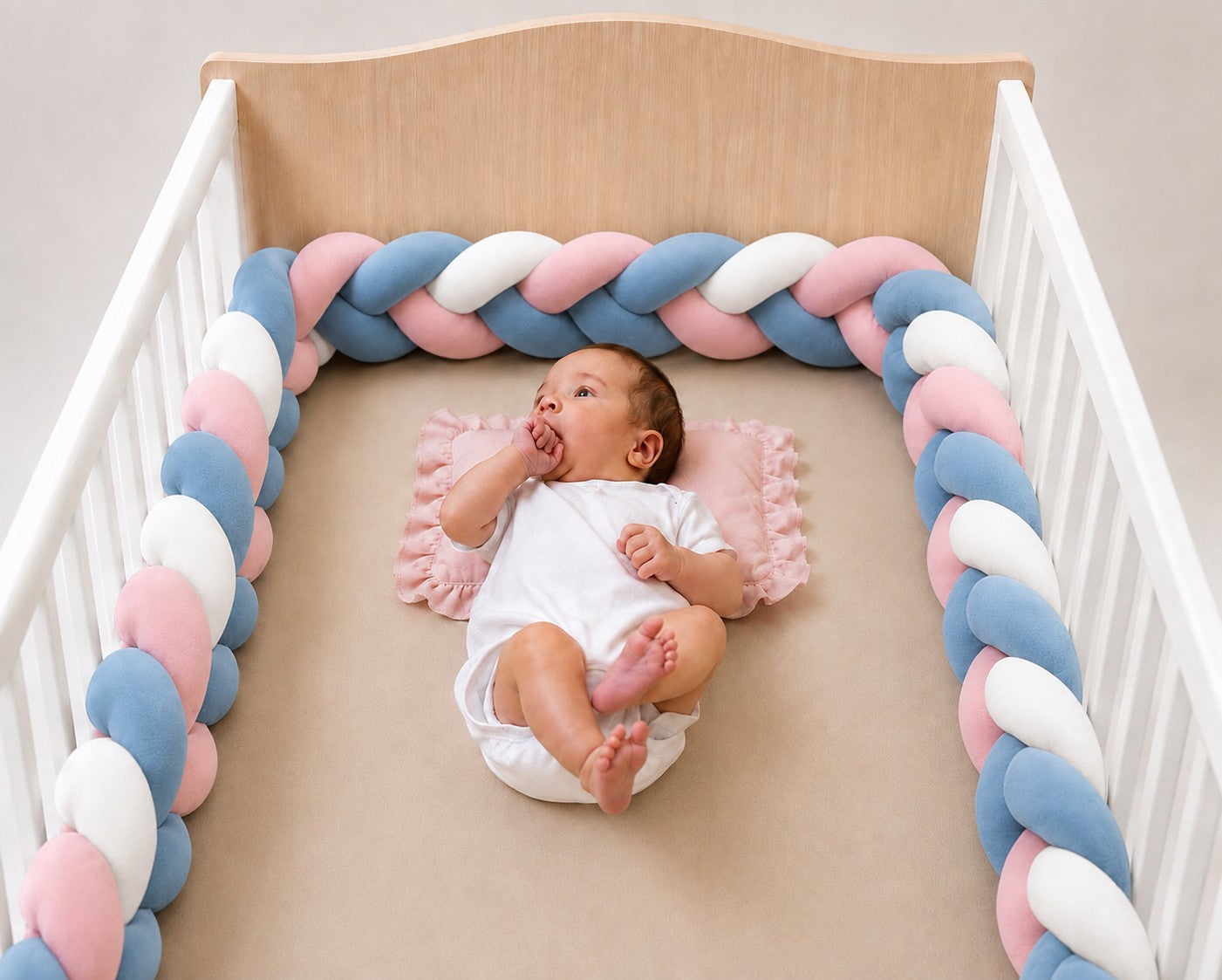 Tour de lit tressé bleu blanc rose installé dans un lit bébé à barreaux.