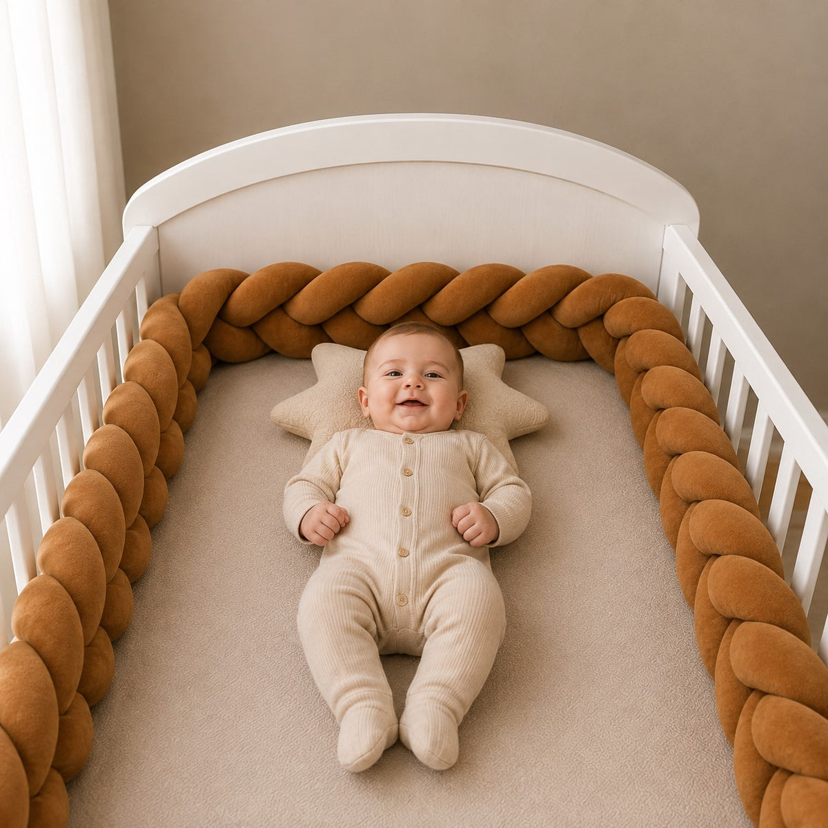 Tour de lit tressé cannelle installé dans un lit bébé en bois.