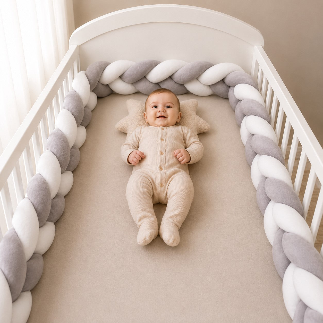 Tour de lit tressé gris et blanc installé dans un lit bébé pour protéger des barreaux.
