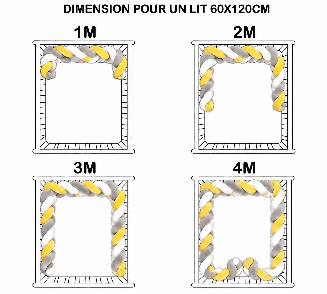 Tour de lit tressé jaune gris blanc installé dans un lit bébé à barreaux.