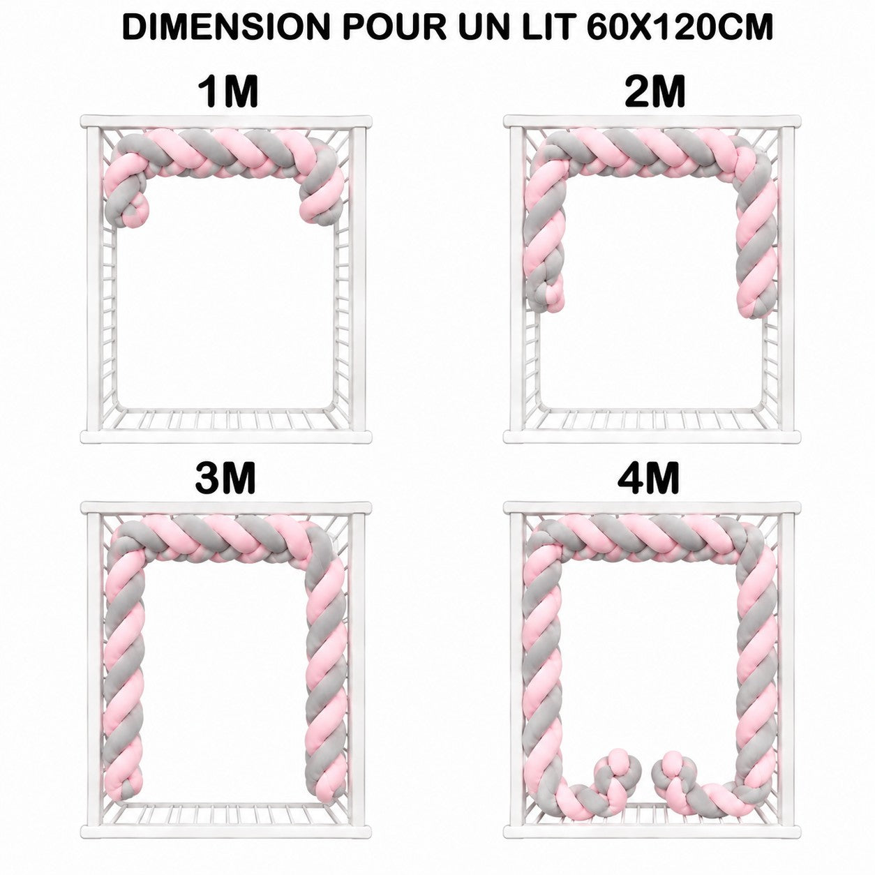 Tresse de lit rose et grise pour lit à barreaux