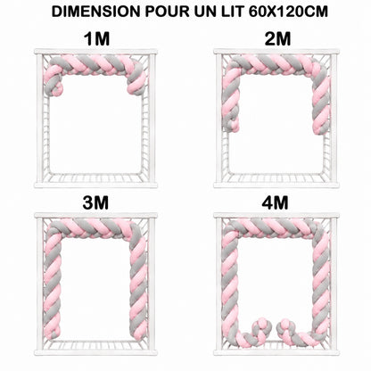 Tresse de lit rose et grise pour lit à barreaux