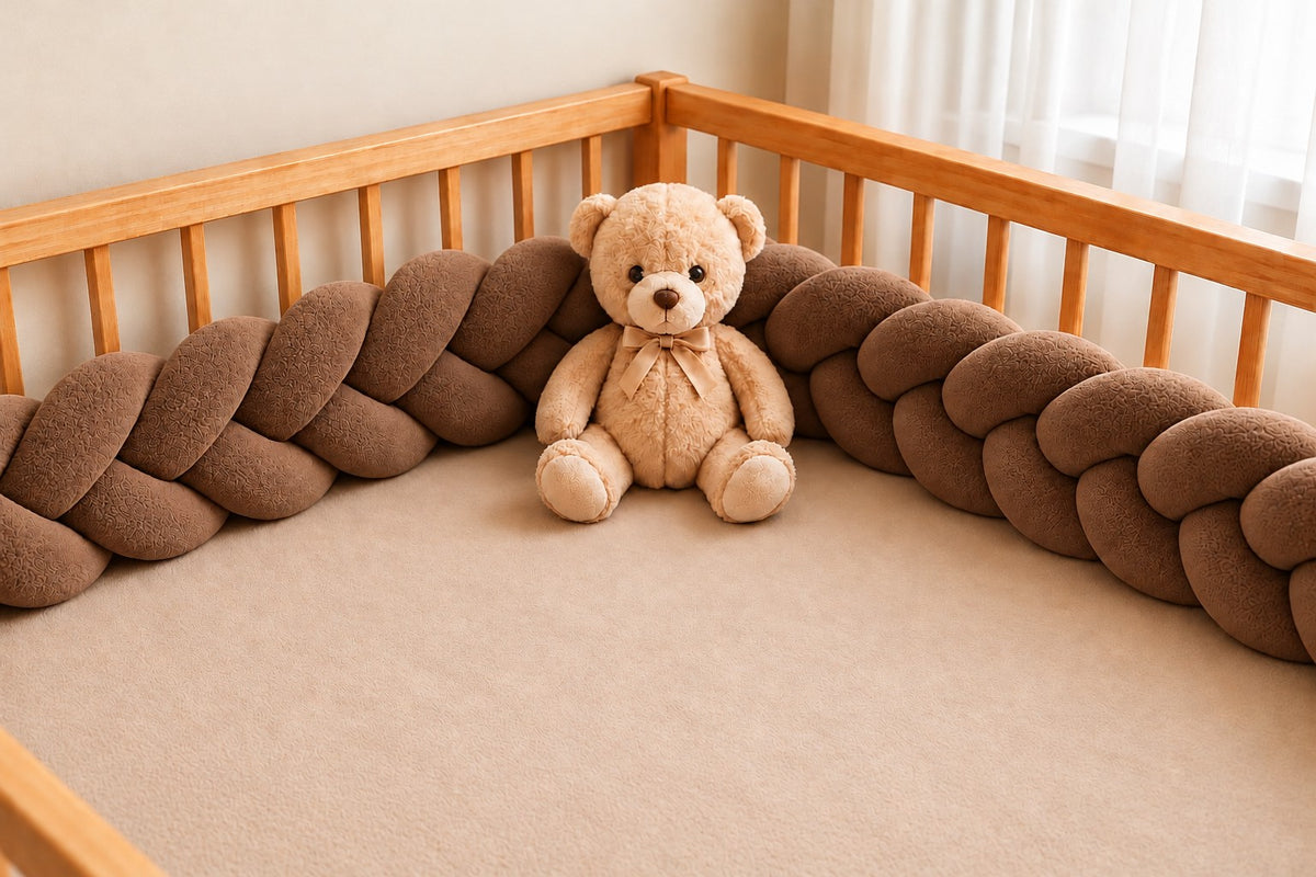 Tour de lit tressé marron installé dans un lit en bois, avec un ours en peluche beige placé au centre.