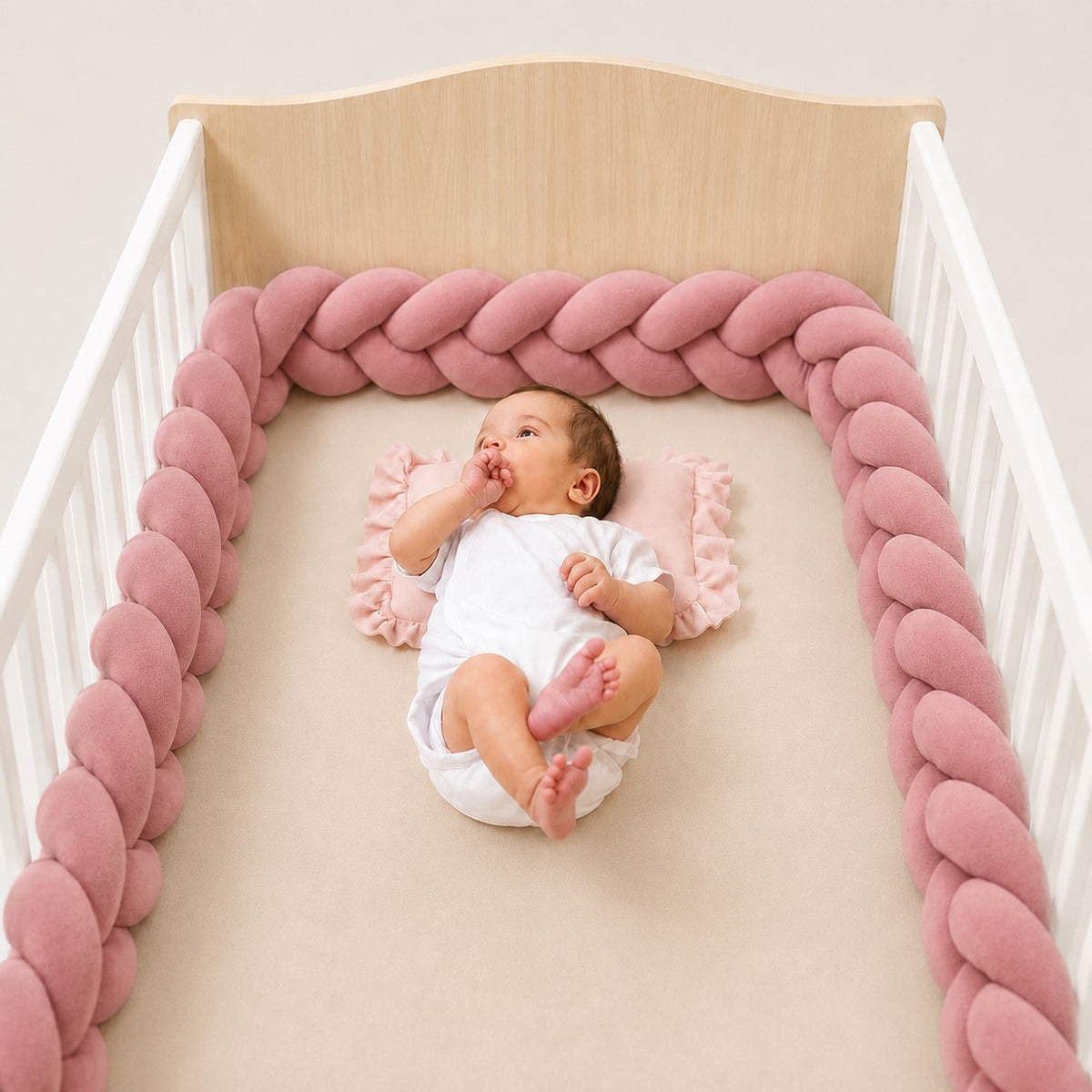 Tour de lit tressé rose en velours pour protéger bébé des barreaux du lit tout en décorant la chambre.