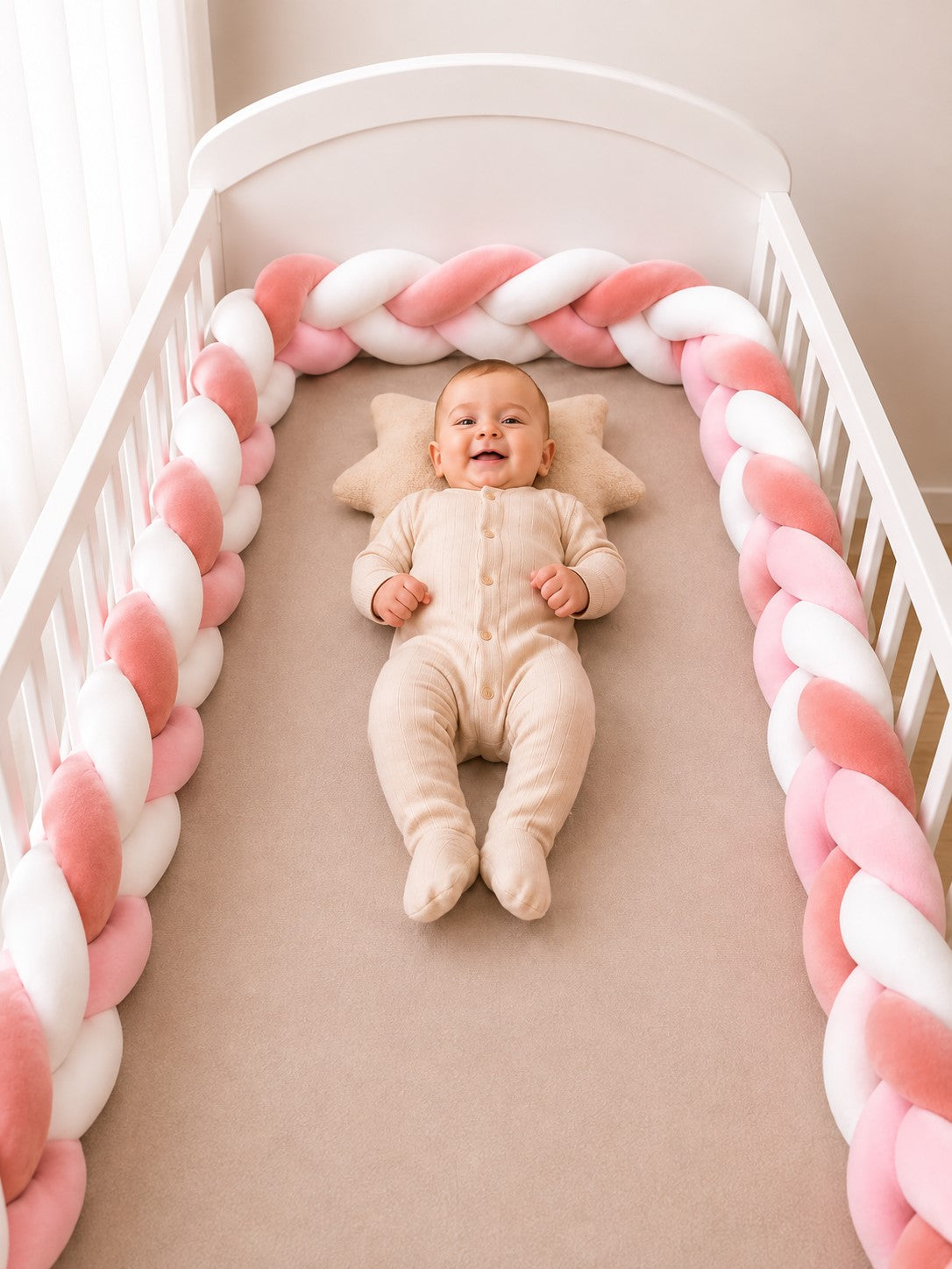 Tour de lit tressé rose, blanc et vieux rose en velours doux installé dans un lit bébé