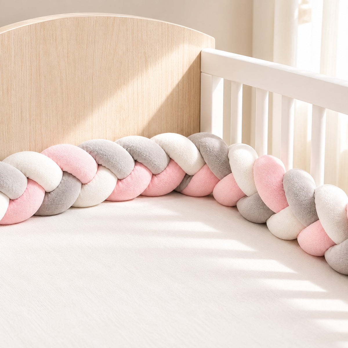 Tour de lit tressé rose, gris et blanc installé autour du matelas d’un lit bébé, vu de près.