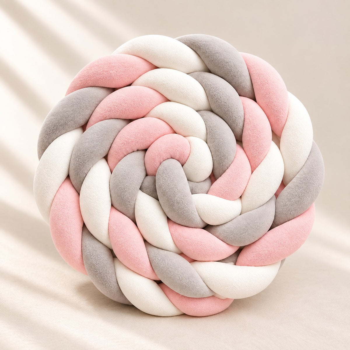 Tour de lit tressé rose, gris et blanc enroulé sur lui-même.