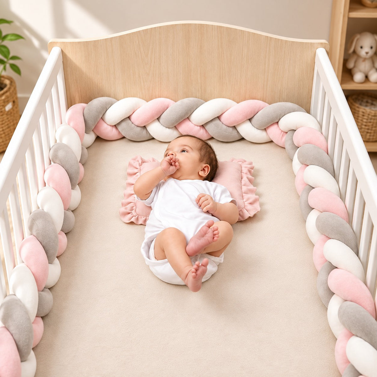 Tour de lit tressé rose, gris et blanc installé autour d’un bébé dans un lit.