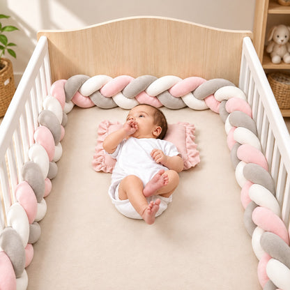 Tour de lit tressé rose, gris et blanc installé autour d’un bébé dans un lit.