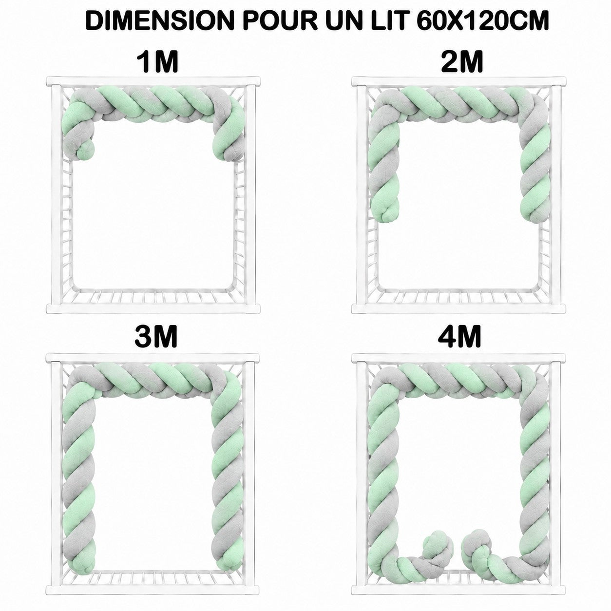 Tour de lit bébé tressé menthe et gris pour lit à barreaux
