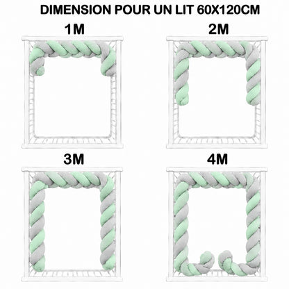 Tour de lit bébé tressé menthe et gris pour lit à barreaux