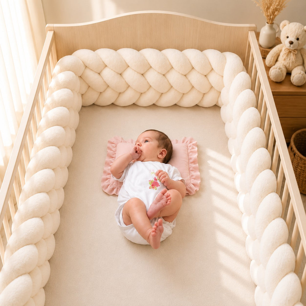 Tour de lit tressé blanc 4 brins installé dans un lit bébé en bois.