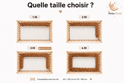 Tresse de lit marron 3 brins installée dans un berceau bébé.
