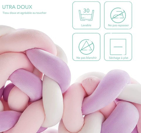 Tresse de lit bébé rose blanc et violet en tissu doux et lavable