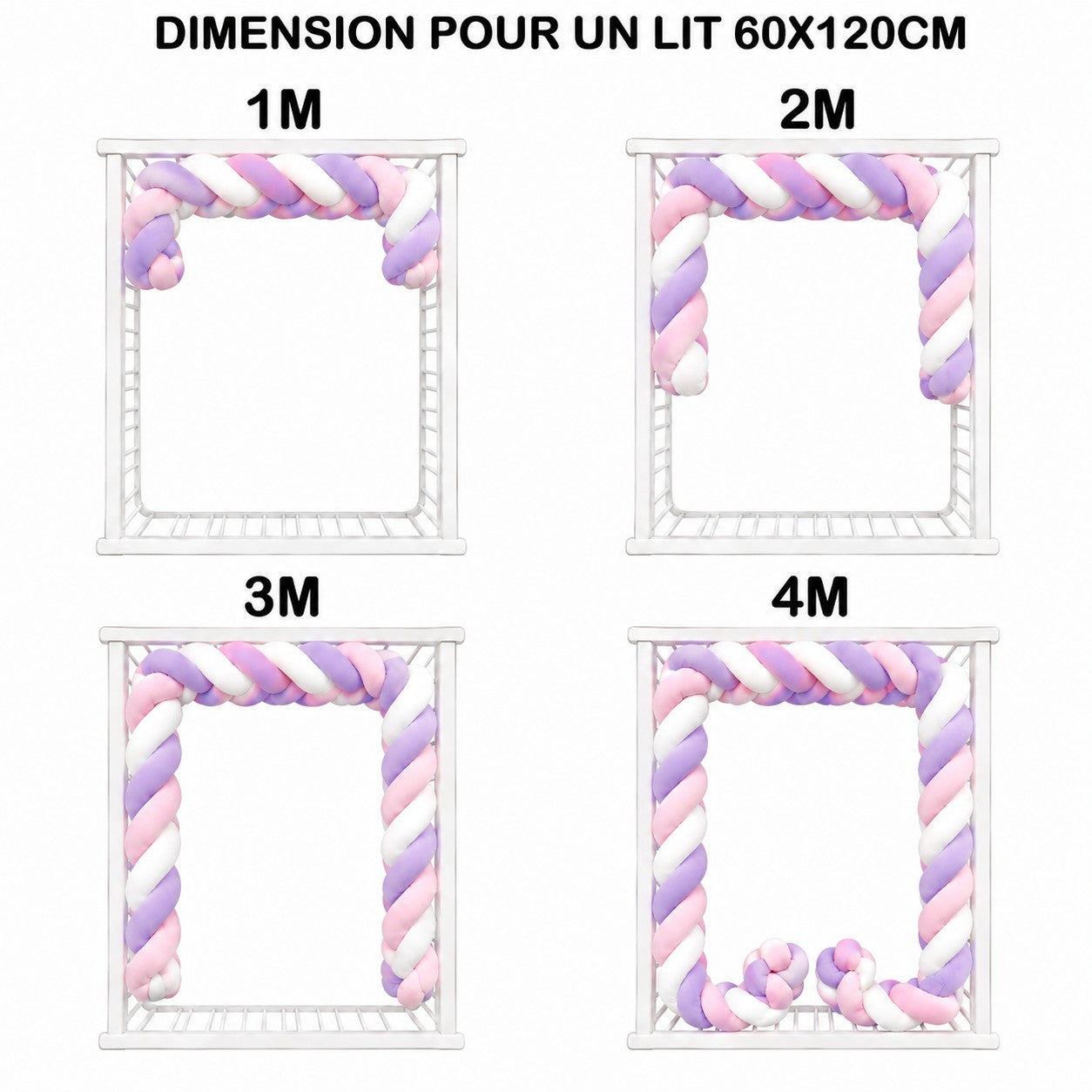 Tresse de lit bébé rose blanc violet dans un berceau.