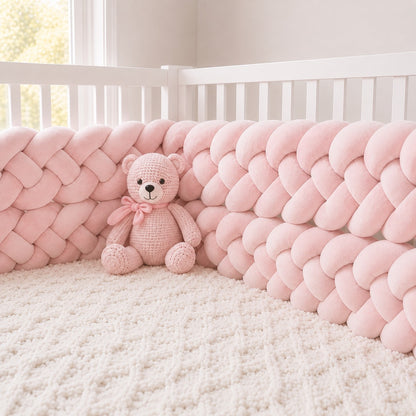 Tresse de lit bébé rose épaisse dans un lit à barreaux