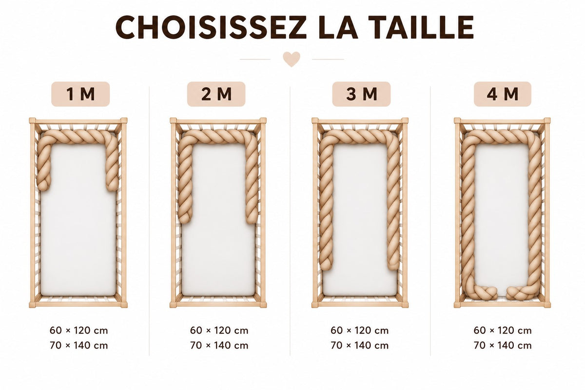 Protection de lit bébé avec tour de lit tressé cannelle en tissu effet velours.