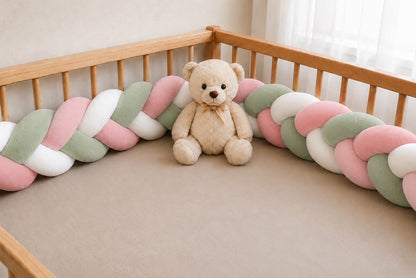 Tresse de lit bébé bleue au toucher velours avec rembourrage en coton.